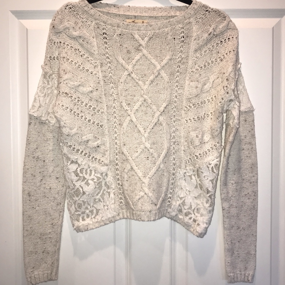 Hollister Cozy Heather White Cream Sweater Ribbed Cable Knit